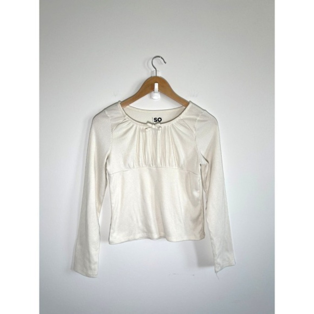 Womens XL Y2K Babydoll Top White Ribbed‎ Bow